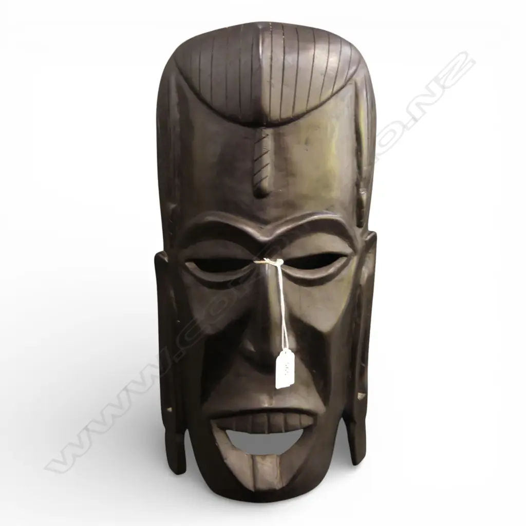 WOOD CARVED AFRICAN TRIBAL MASK label verso reading Mombasa, 1965 H.465mm Image 1++