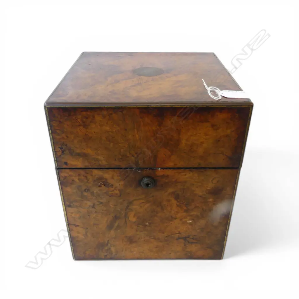 VICTORIAN BURR WALNUT CAMPAIGN TYPE 4 BOTTLE TANTULUS w brass fittings. 4 asst. decanters enclosed a few faults. H.280mm Image 1++