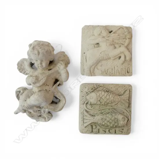 2 STAR SIGN CONCRETE TILES 'PISCIS' & 'SAGITAR' + CONCRETE CHERUB H.240mm