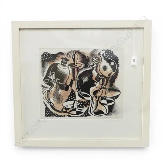 STEWART MACLENNAN, STILL LIFE WITH DECANTERS, LINOCUT 2/10, SIGNED 300x345mm