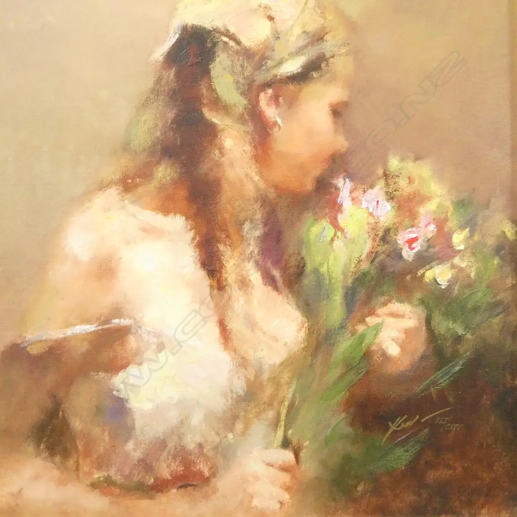 HUA CHEN 'GATHERING FLOWERS' GICLEE PRINT ON CANVAS 390x370mm Image 1++