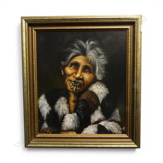 MELODY BROOK, PORTRAIT OF A MAORI WOMAN w. MOKO, OIL ON BOARD 550x470mm
