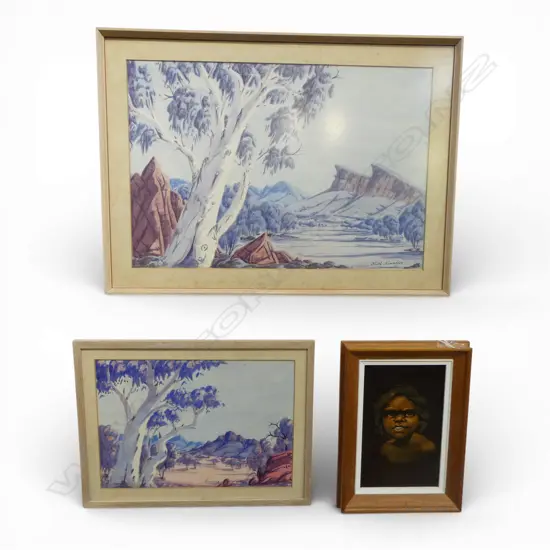 MAURICE NAMATJIRA, LANDSCAPE, W/COLOUR, 240 X 350mm & KEITH NAMATJIRA, LANSDCAPE,  WCOLOUR 330 X 510mm & VELVET PTG