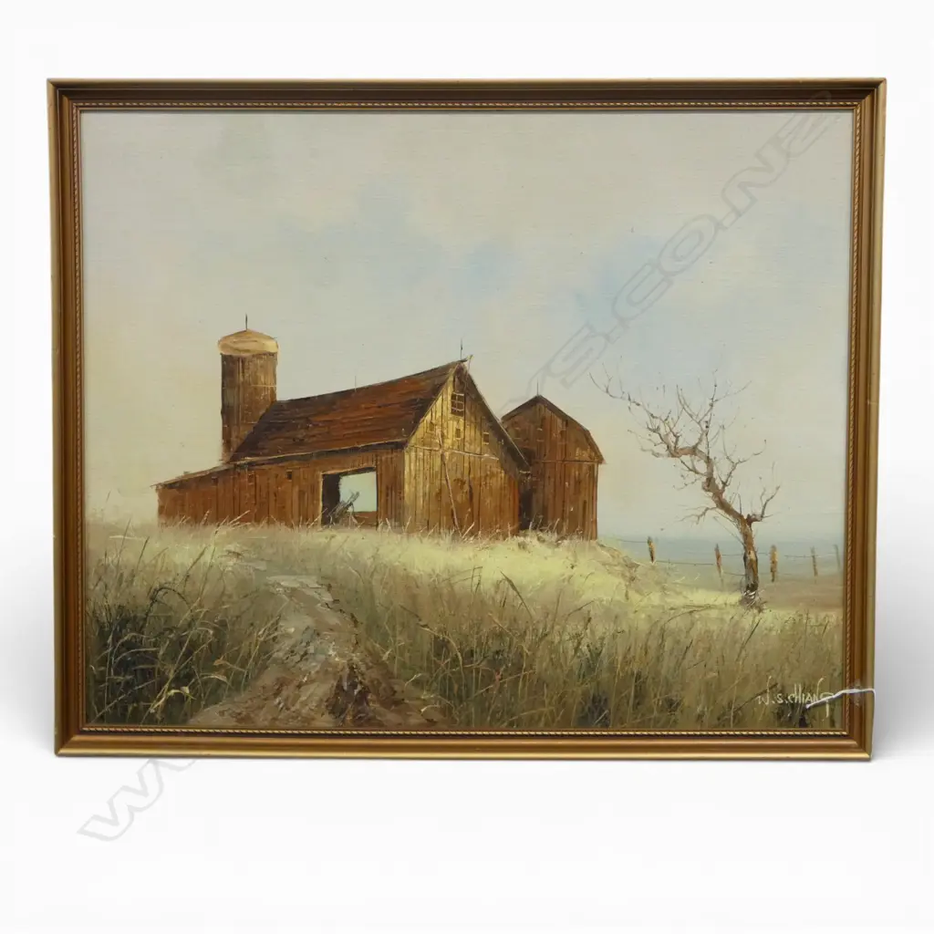 W S CHIANG (Born China 1933 - ) OIL BARN SCENE PAINTING SINGED Chinese then living in New York. 480 x 595mm Image 1++