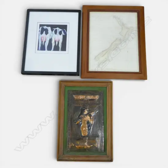 REPRO ANTIQUE MAP OF NZ 500 x 385mm,  AMELIA GUILD COW PRINT ED 28/60 & AN EGYPTIAN RELIEF SCENE IN COPPER 