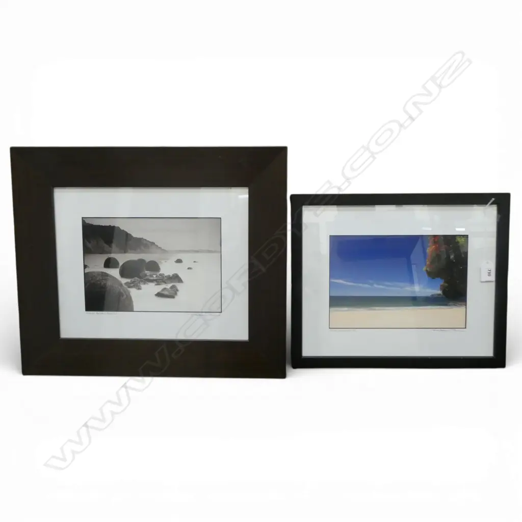 2 FRAMED PHOTOGRAPHS by REUBEN PRICE; MOERAKI BOULDERS OTAGO NZ & TAIRUA COROMANDEL NZ 165x245mm Image 1++