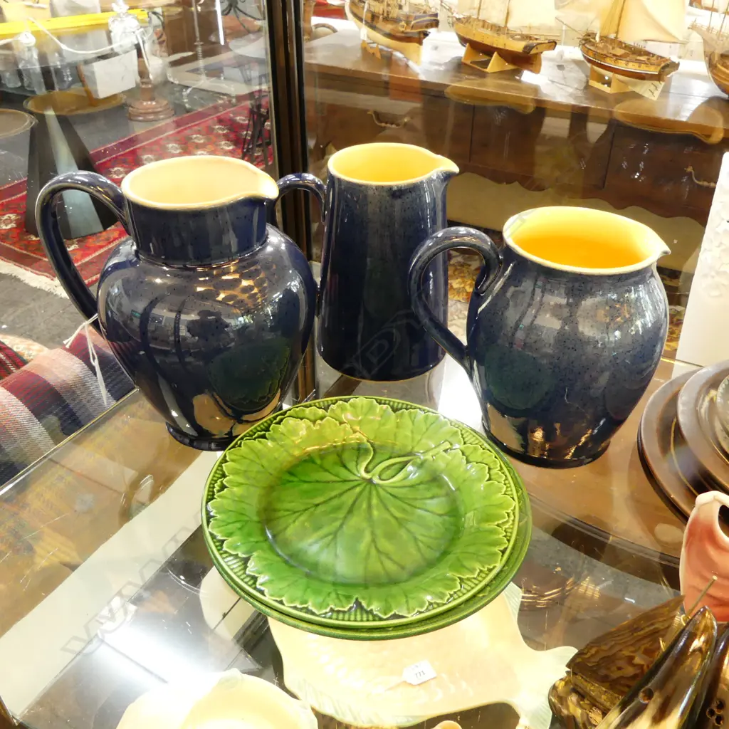 3 BLUE GLAZED DENBY JUGS H.195mm + 2 MAJOLICA LEAF PLATES 210mm dia (1 w. HAIRLINE) Image 1++