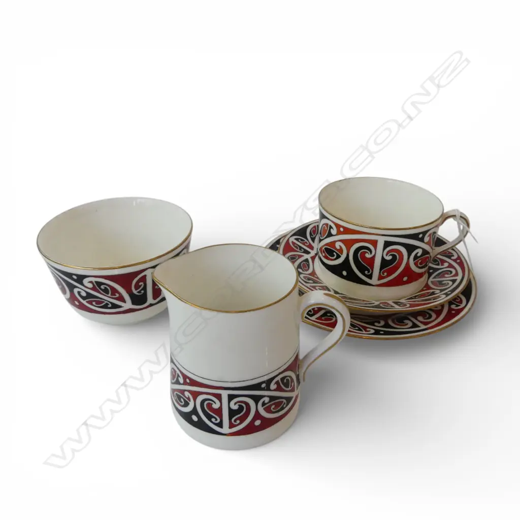 Royal Doulton 'Māori Art' wide tea cup saucer & plate + sugar bowl & cream jug Image 1++