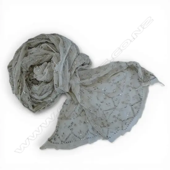 VINTAGE CREAM & SILVER HIGHLIGHTS  ON MESH  SCARF / SHAWL 2200x650mm