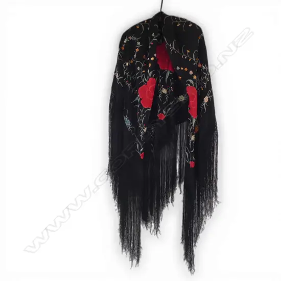 ORIENTAL EMBROIDERED BLACK SILK SHAWL