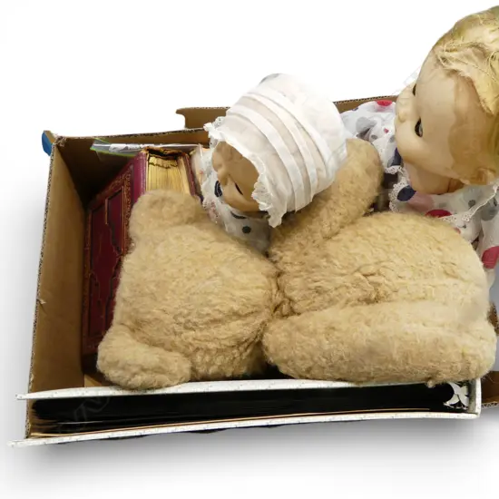 ASST. VINTAGE; PHOTO ALBUMS, POSTCARDS, DECIMAL COIN PACK, 2 DOLLS & TEDDYBEAR