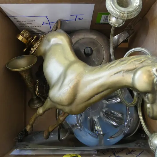 BOX LOT EP BRASS HORSE  RETRO GLASS VASE  ETC