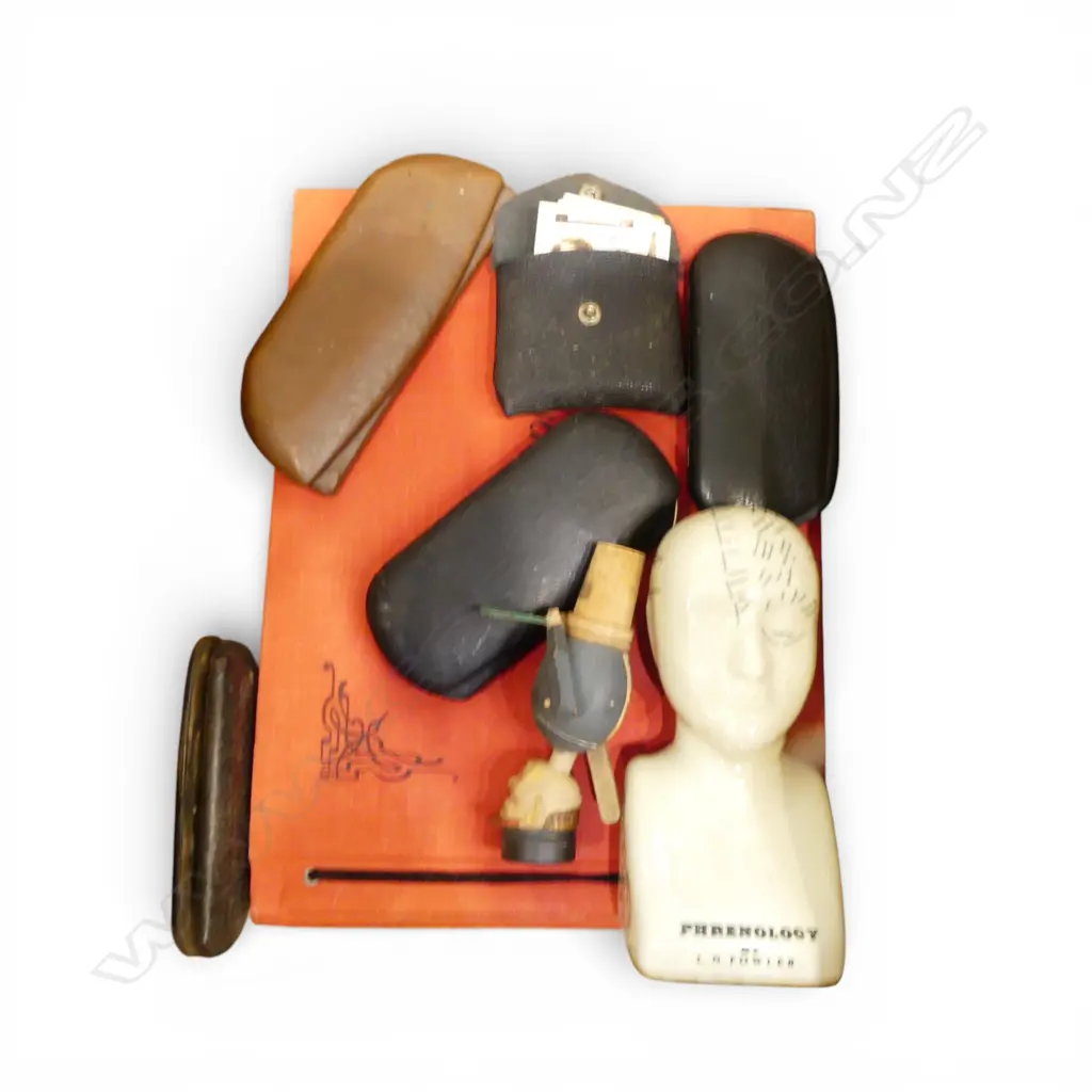 VINTAGE POSTCARD ALBUM w. ASST. 'SIGNED' PHOTOGRAPHS, 4 PRS SPECTACLES, BOTTLE STOPPER, PHRENOLOGY HEAD & CIG. CARDS Image 1++