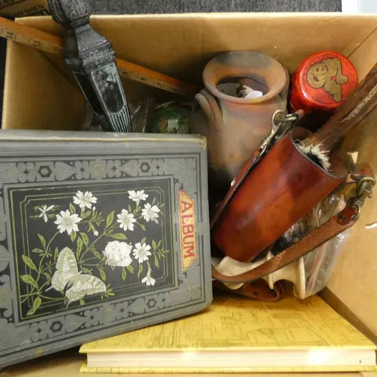 ASST. BOX OF OLD PIPES, SILVER PLATE SPOONS, CRUET SET, SCRAP BOOK, SML CHINESE VASES, ETC  
