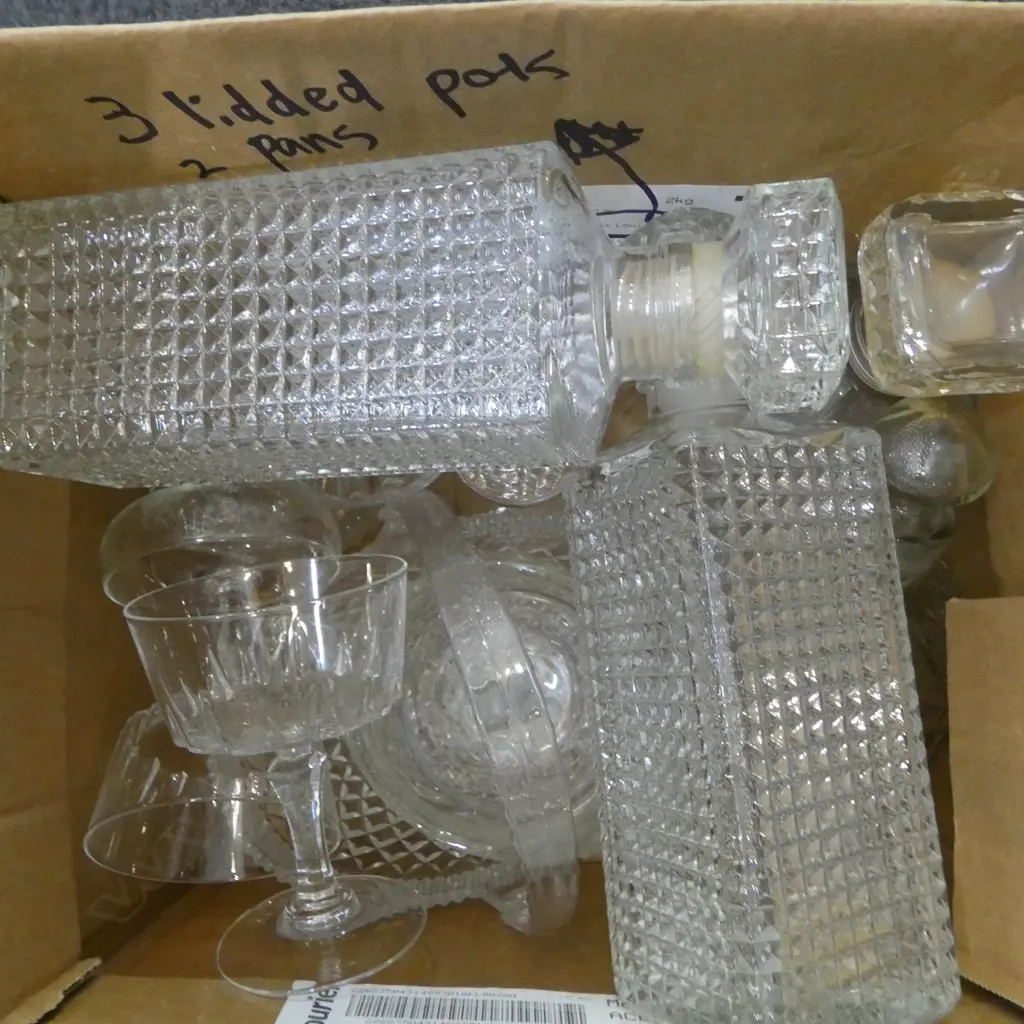 BOX OF 4 DECANTERS GLASS BASKET JUGS  GLASSES ETC Image 1++