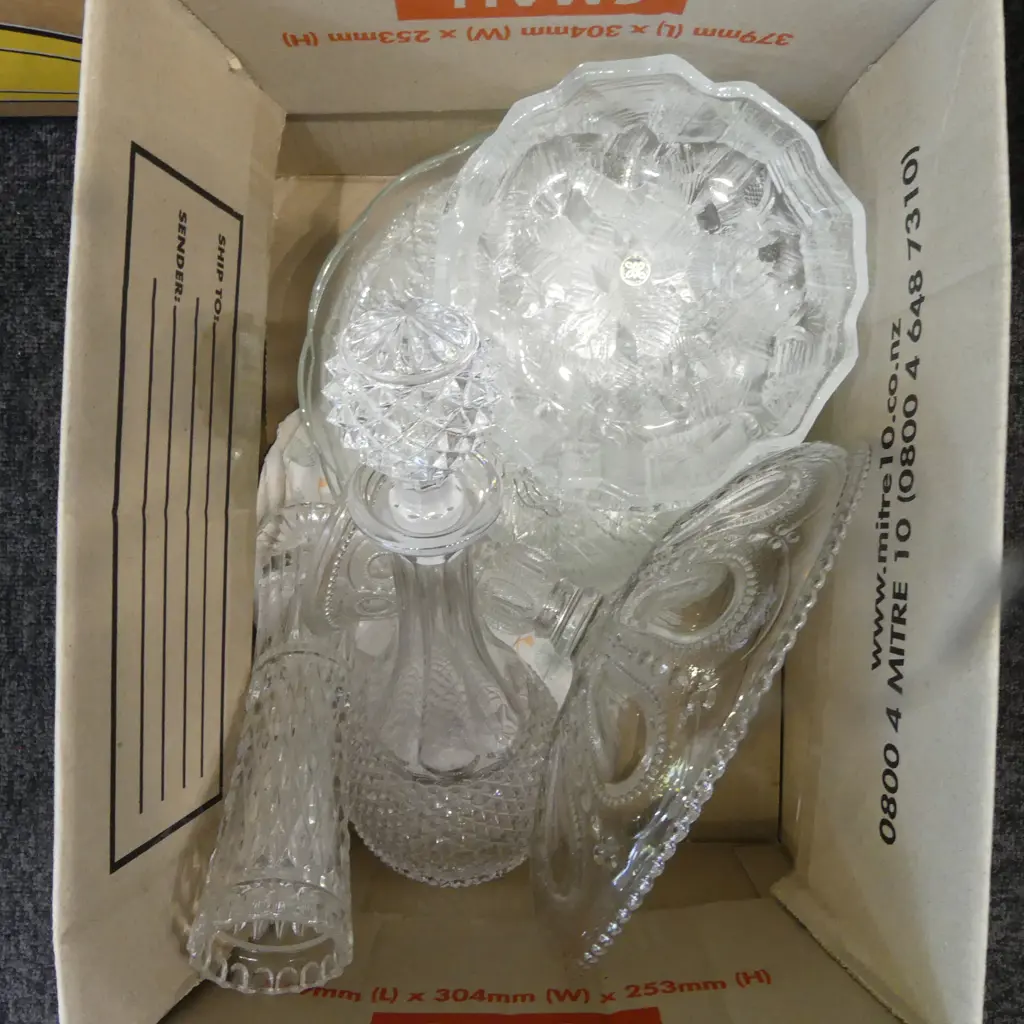 BOX OF PRESSED GLASS PLATES COMPORT DECANTER BOWLS VASE ETC Image 1++