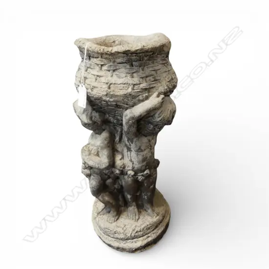 CONCRETE GARDEN STATUE 3 CHERUBS WITH RAISED BASKET. H.410mm