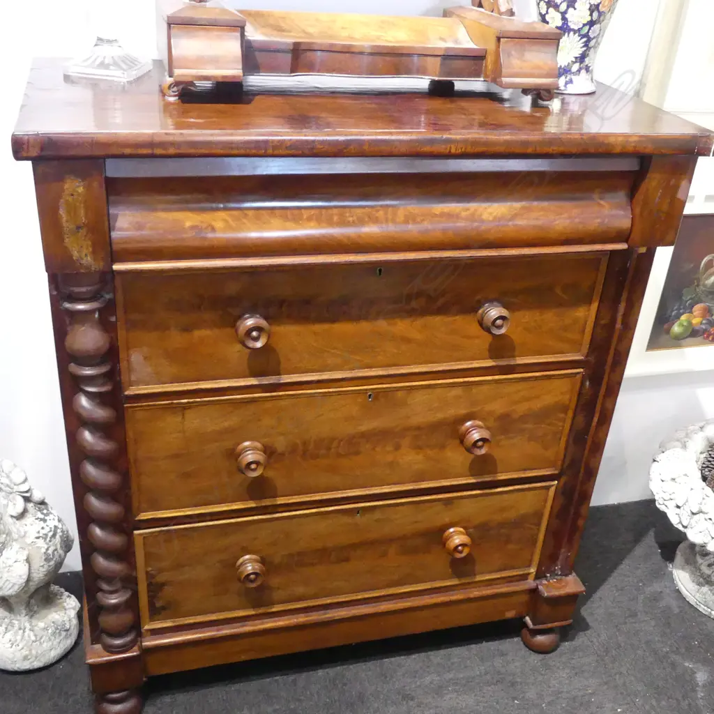 VICTORIAN FLAME MAHOGANY CHEST OF DRAWERS 1100x525x1260mm some mouldings missing Image 1++