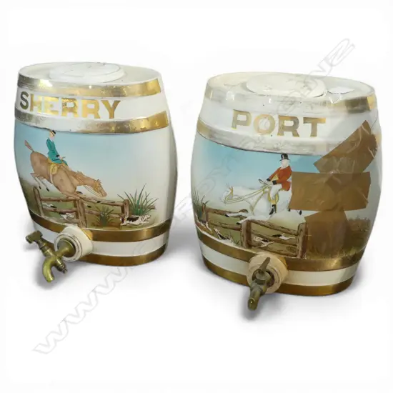 2 OLD CERAMIC BARREL FORM LIQUOR DISPENSERS: 'SHERRY' & 'PORT' hunting scenes to front. Both with cracks. H.275mm