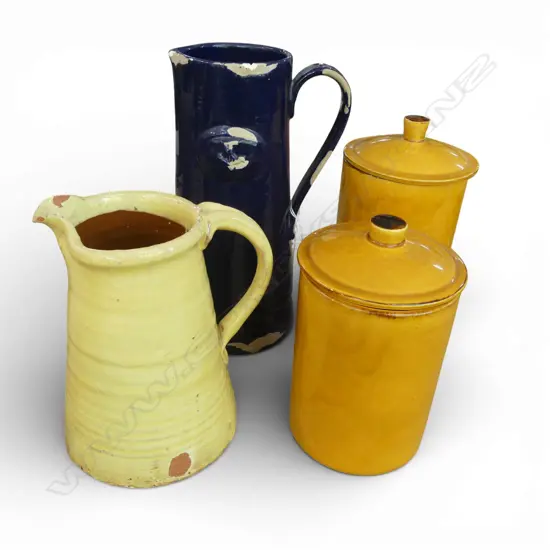 2 JUGS; TONY SLY & BLUE H.300mm both w. chips + 2 TERRE PROVENCE LIDDED CONTAINERS H.240mm