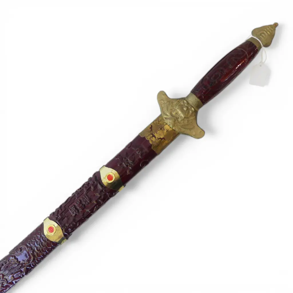 REPLICA CHINESE CEREMONIAL SWORD brass & red lacquered. In scabbard. L.1000mm Image 1++