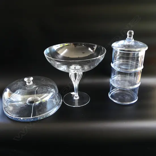 3 PCES GLASS; LG COMPORT H.305mm, STACKING CONTAINER, PLATE w. DOME