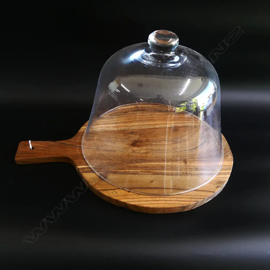 WOODEN PLATTER 305mm dia & GLASS DOME Image 1++