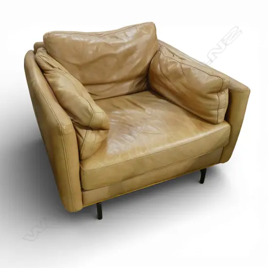 WEST ELM ABIGAL STYLE CLUB CHAIR in tan leather. Zippered cushions. Labelled Farmers.