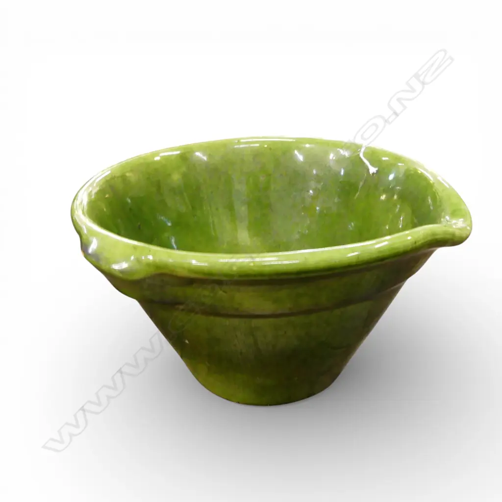 GREEN GLAZED STUDIO POTTERY POURING BOWL H.150mm, 240mm dia Image 1++