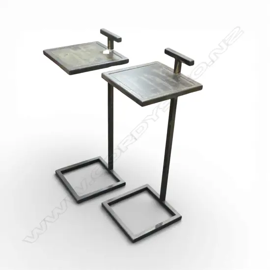 2 TRENZSEATER METAL SIDE TABLES 255x255x710mm - 1 w. SOME FINISH CHIPPED
