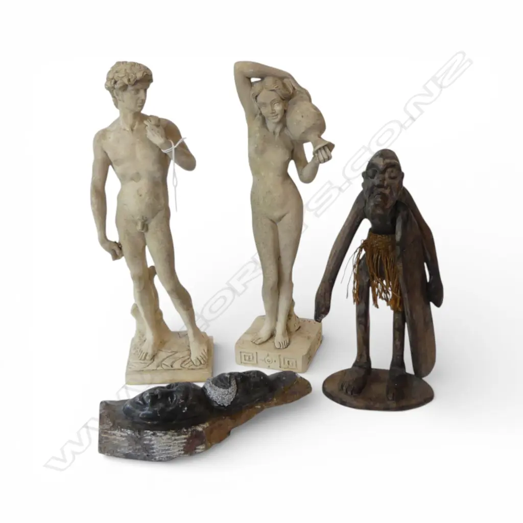 4 VARIOUS SCULPTURES: 2 CERAMIC CLASSICAL NAKED FIGURES + AFRICAN: 1 WOOD 1 STONE. Tallest 390mm Image 1++
