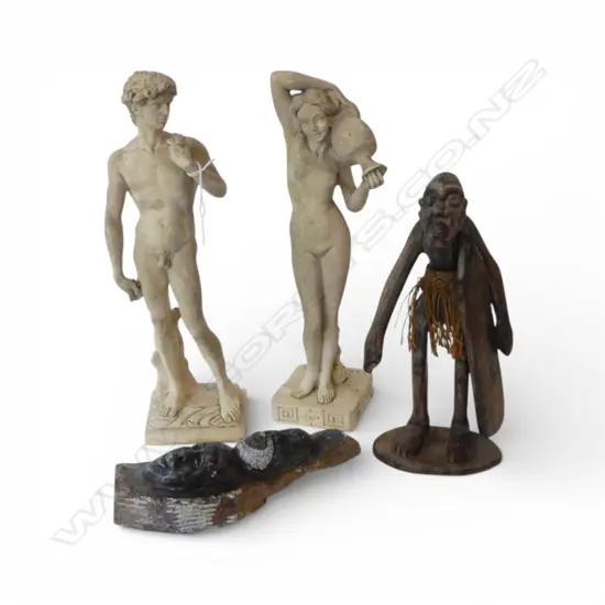 4 VARIOUS SCULPTURES: 2 CERAMIC CLASSICAL NAKED FIGURES + AFRICAN: 1 WOOD 1 STONE. Tallest 390mm