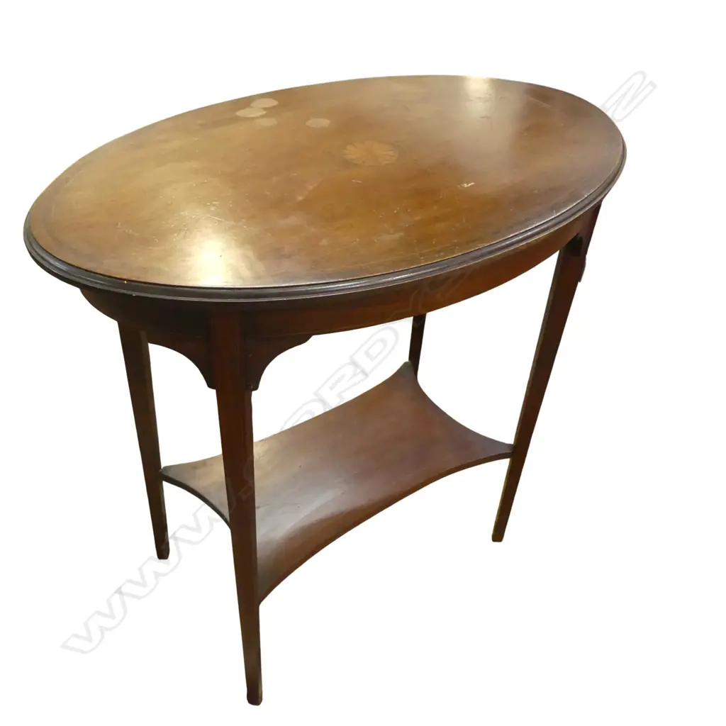 OVAL EDWARDIAN SHEREATON REVIVAL OCCASIONAL TABLE WITH INLAID DETAIL, L.700mm needs glue to base Image 1++