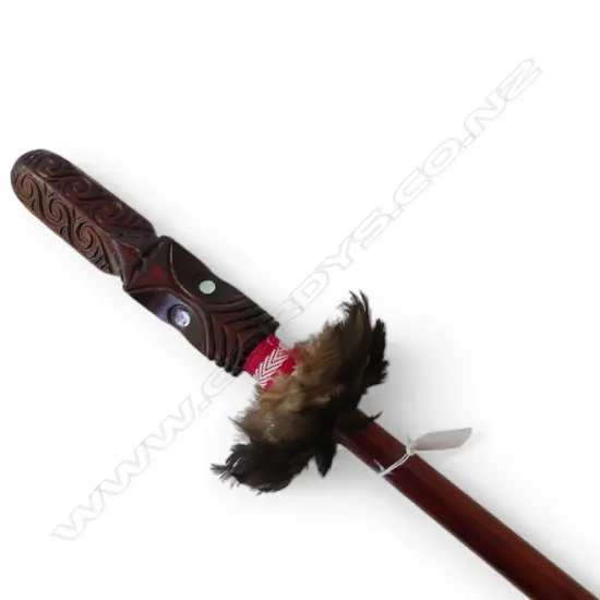 MODERN MAORI CARVED TAIAHA w feather collar & paua inset eyes L.1530mm