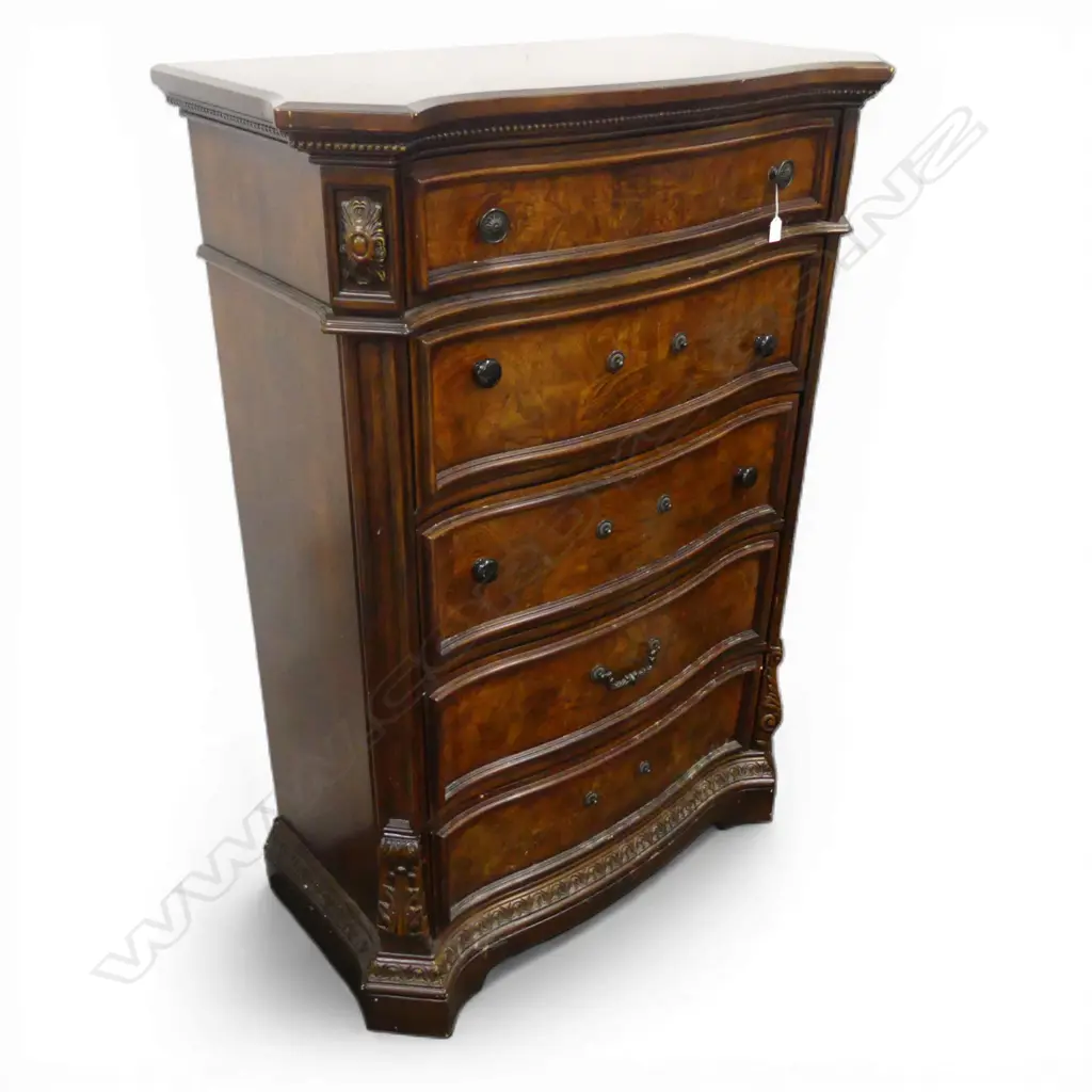 REPRODUCTION ANTIQUE FRENCH STYLE TALL COMMODE CHEST of 5 serpentine drawers. 3 handles absent. H.1480mm Image 1++