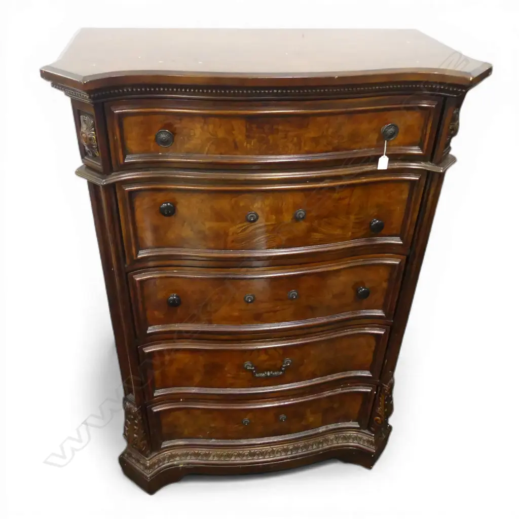 REPRODUCTION ANTIQUE FRENCH STYLE TALL COMMODE CHEST of 5 serpentine drawers. 3 handles absent. H.1480mm Image 1++