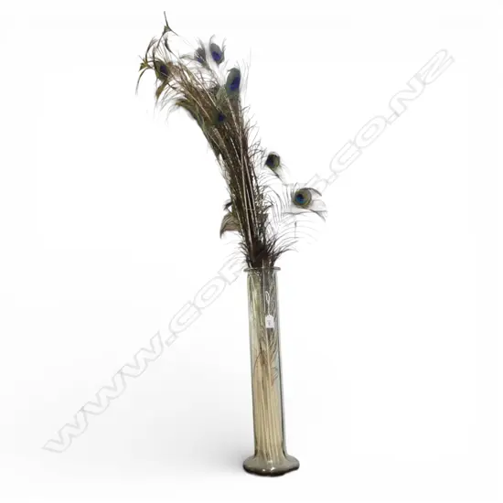TALL GLASS facetted VASE H.570mm with peacock feathers