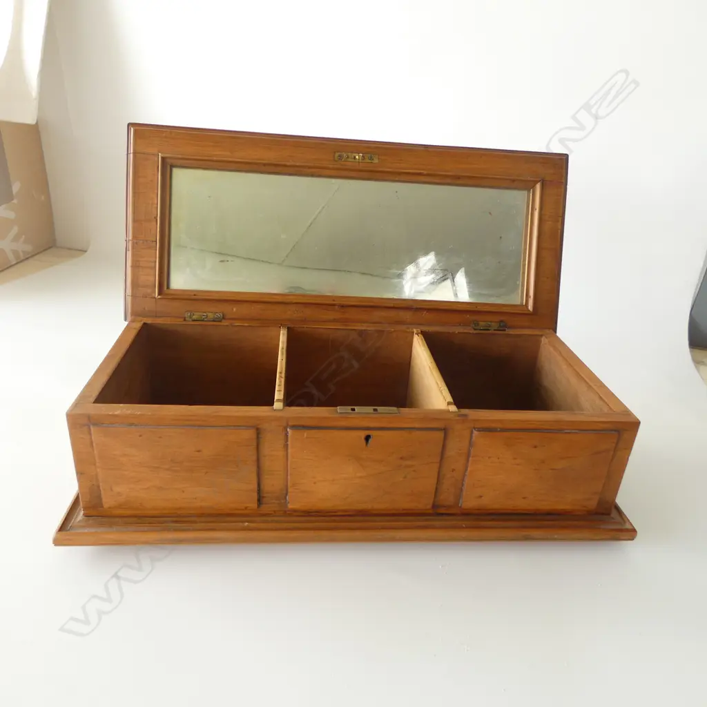 C.1900 heart rimu hinged lid box with angular raised panels & internal mirror W.500mm Image 1++