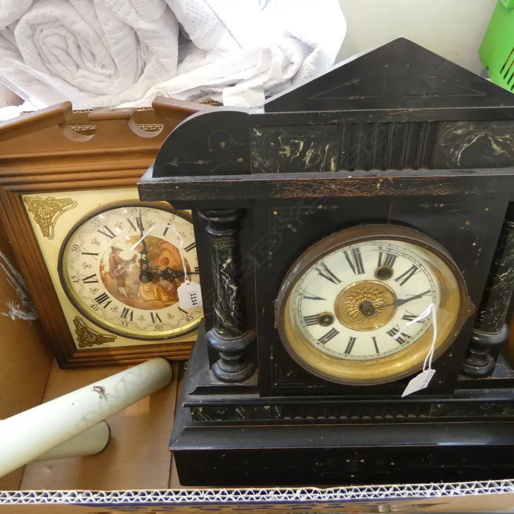 2 CLOCKS: EBONISED & FAUX MARBLE MANTLE CLOCK 1 hand missing. H.365mm + WALL CLOCK Image 1++
