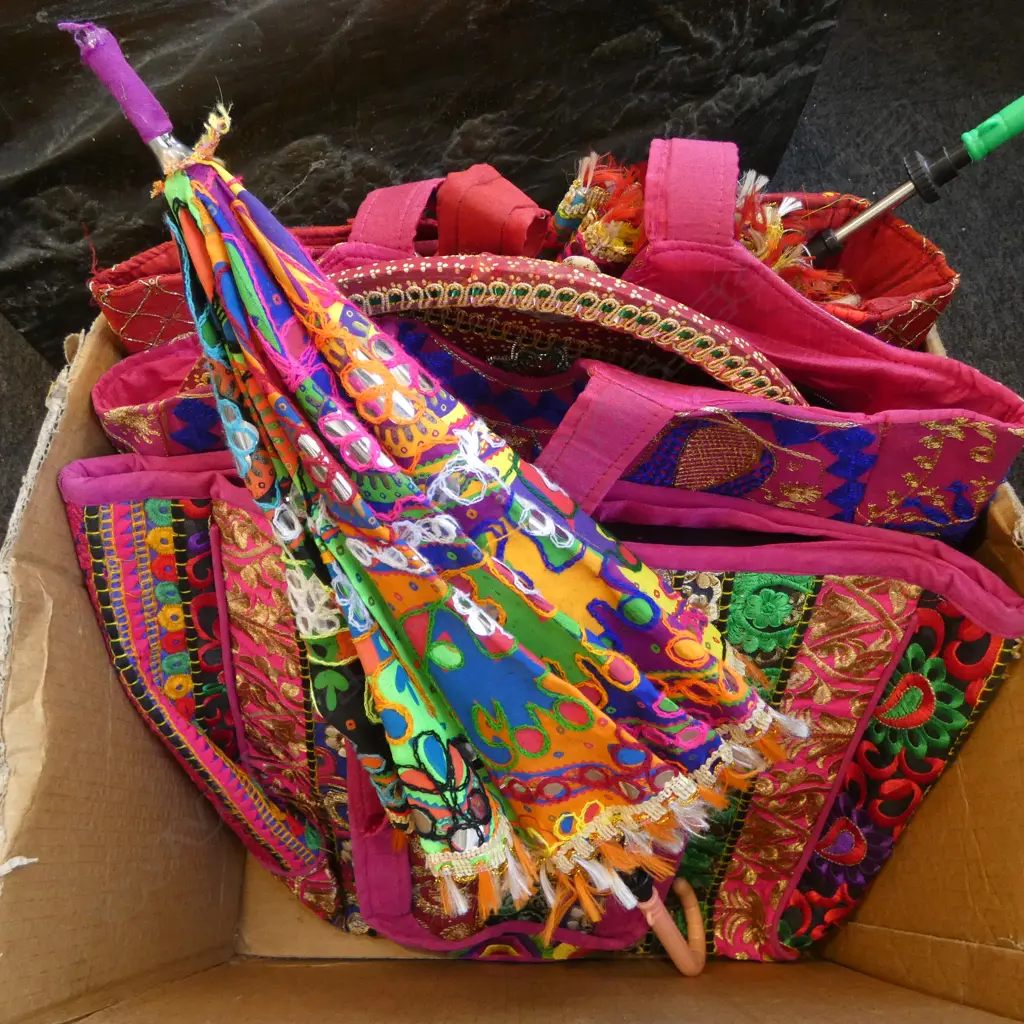 ASST. INDIAN EMBROIDERED PIECES; BAGS, PARASOLS ETC Image 1++