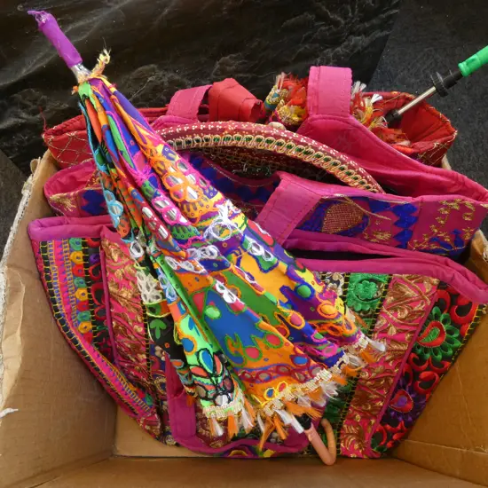 ASST. INDIAN EMBROIDERED PIECES; BAGS, PARASOLS ETC