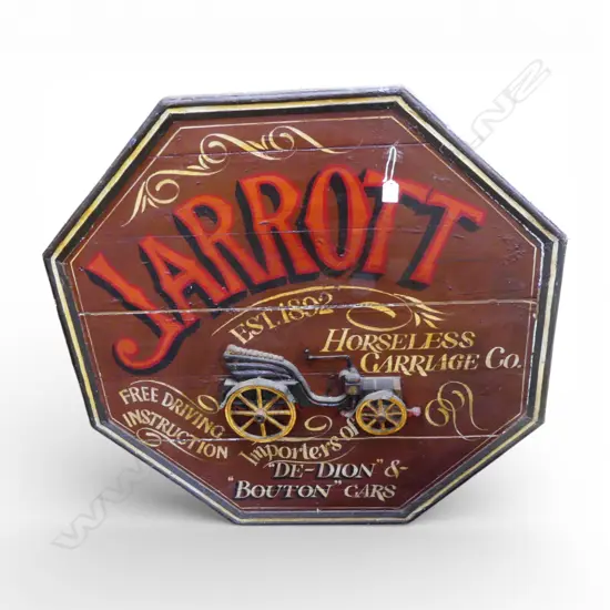 Reproduction antique style 'JARROTT HORSELESS CARRIAGE' OCTAGONAL ADVERTISING SIGN. Dia.875mm.