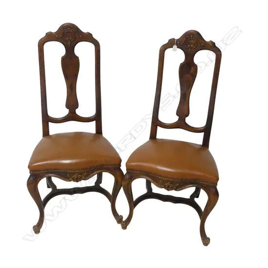 PAIR PINE INLAID CHAIRS LEATHER SEATS