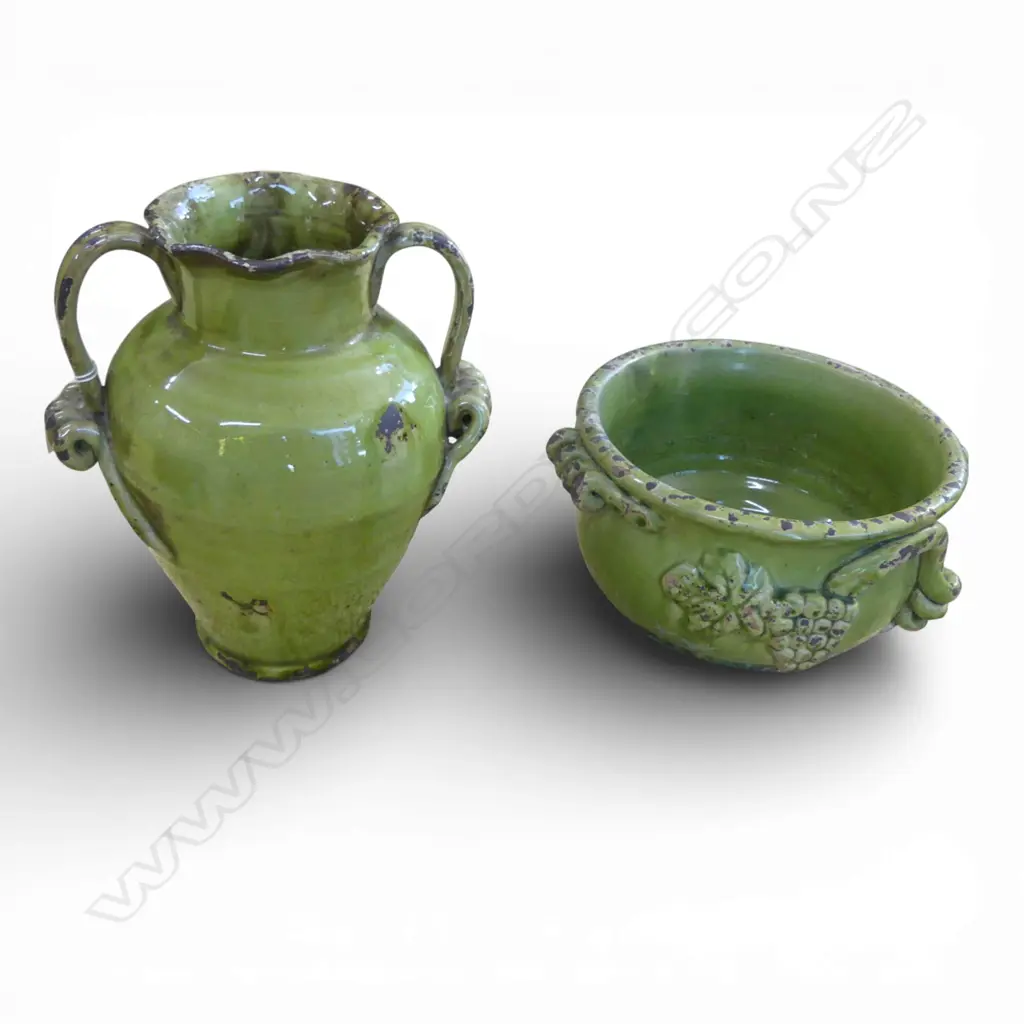 2 GREEN GLAZED CERAMICS, BOWL 260mm dia & VASE H.290mm Image 1++