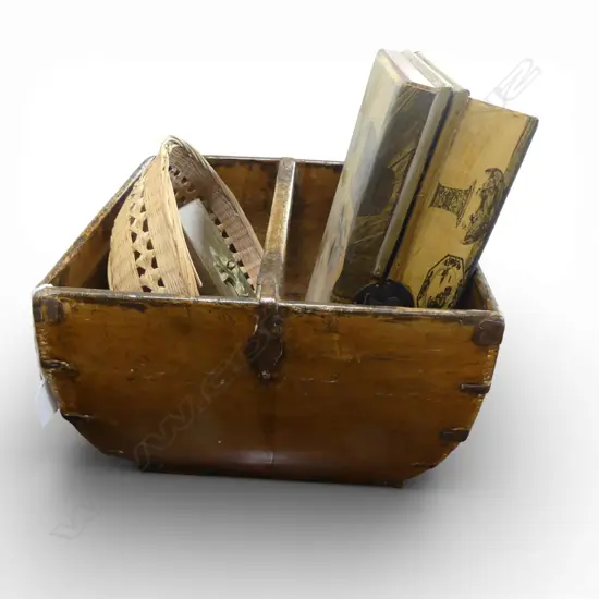 VINTAGE WOODEN BASKET 330x330x225mm + 2 DECORATIVE BOXES & WOVEN BOWL