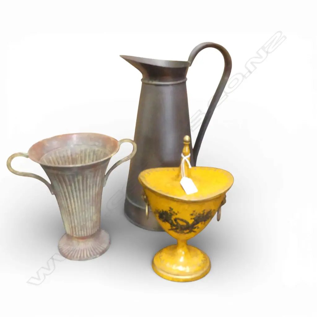 2 METAL VASES, 1 LIDDED H.265mm + LG JUG H.465mm Image 1++