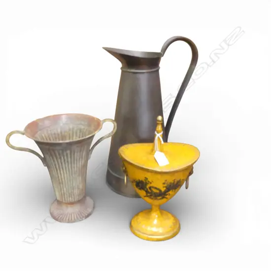 2 METAL VASES, 1 LIDDED H.265mm + LG JUG H.465mm