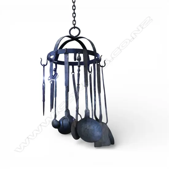 VINTAGE CAST IRON KITCHEN HANGING UTENSIL HOLDER & UTENSILS