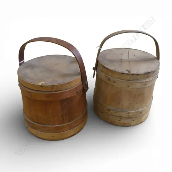 2 ANTIQUE COOPERED PINE LIDDED BUCKETS H380MM