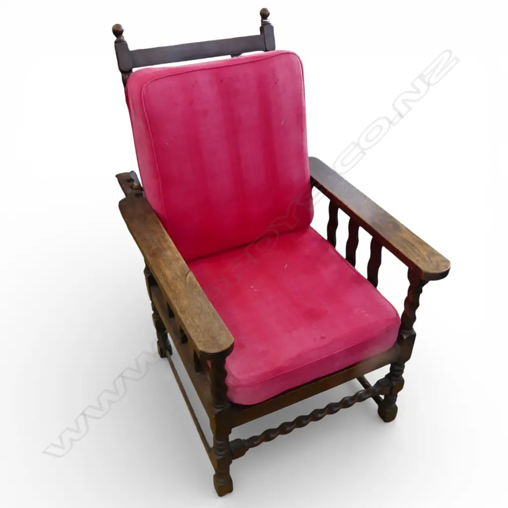 EARLY 20thC ADKUSTABLE MORRIS CHAIR bobbin turned frame. Faded & faulted red cushions Image 1++